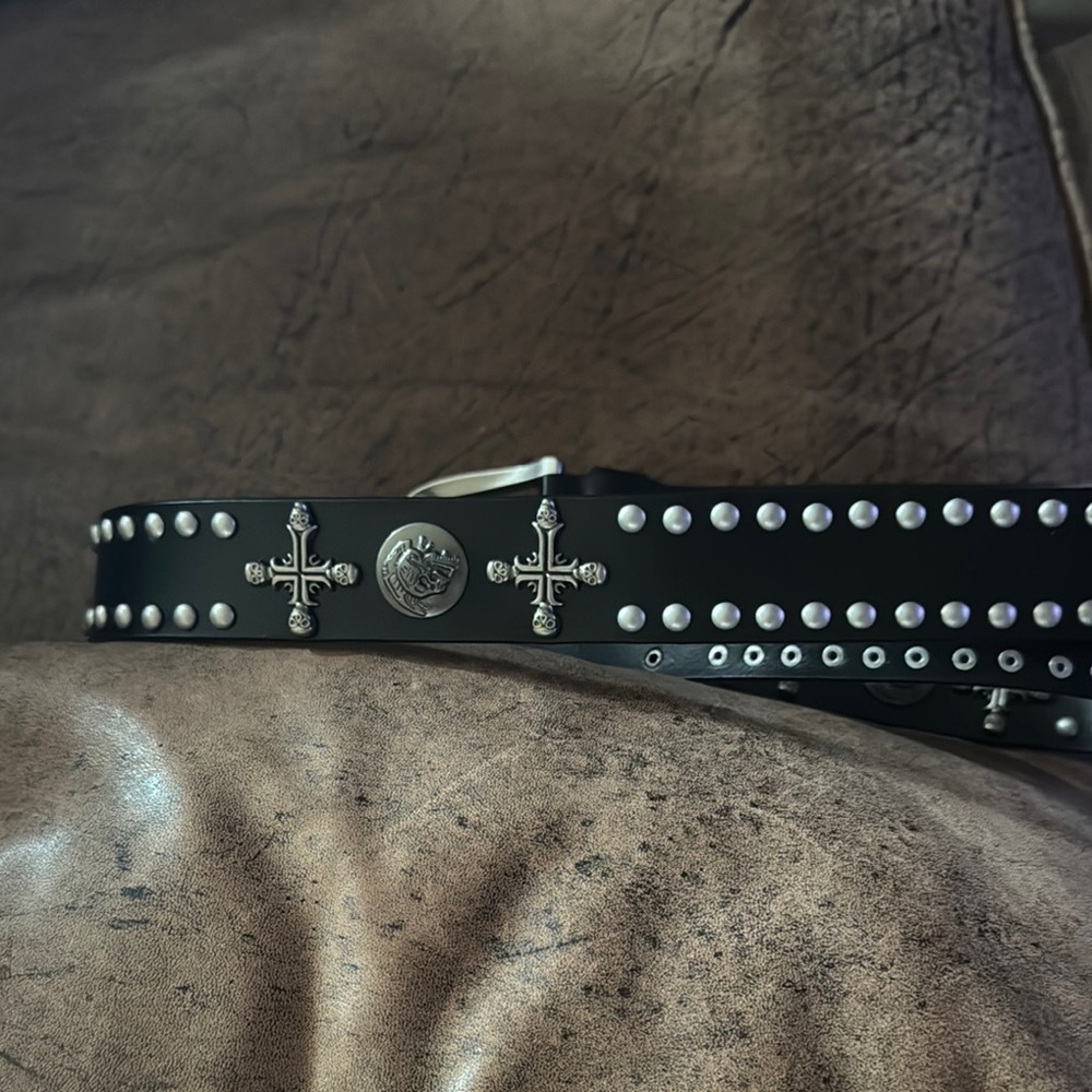 Studded Black Leather Belt with Cross Accents